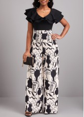 Leaf Print Ruffle Black V Neck Jumpsuit