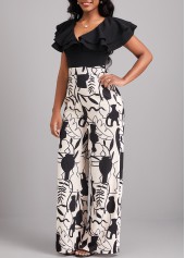 Leaf Print Ruffle Black V Neck Jumpsuit
