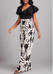Leaf Print Ruffle Black V Neck Jumpsuit