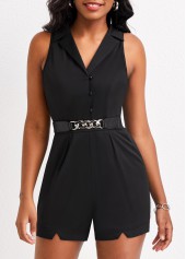 Button Up Pocket Black Lapel Sleeveless Romper