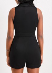 Button Up Pocket Black Lapel Sleeveless Romper