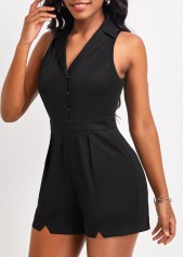 Button Up Pocket Black Lapel Sleeveless Romper
