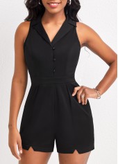 Button Up Pocket Black Lapel Sleeveless Romper