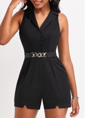Button Up Pocket Black Lapel Sleeveless Romper