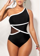 Contrast Binding Black Asymmetric One Piece Swimwear