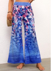 Ditsy Floral Print Elastic Waist Blue Pants