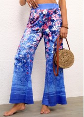 Ditsy Floral Print Elastic Waist Blue Pants