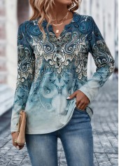 Tribal Print Button Dusty Blue T Shirt