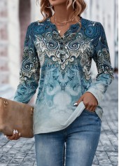 Tribal Print Button Dusty Blue T Shirt