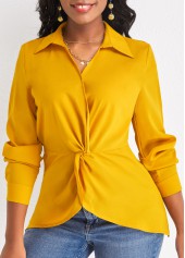 Twist Shirt Collar Ginger Long Sleeve Blouse