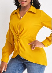 Twist Shirt Collar Ginger Long Sleeve Blouse
