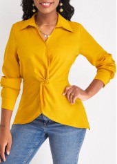 Twist Shirt Collar Ginger Long Sleeve Blouse