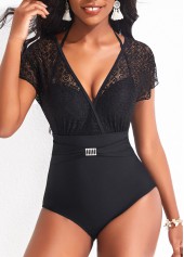 Lace Tie Back Black One Piece Swimwear