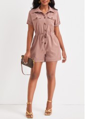 Light Camel Shirt Collar Button Romper