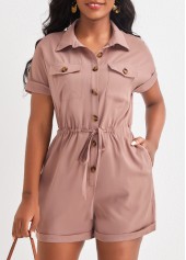 Light Camel Shirt Collar Button Romper