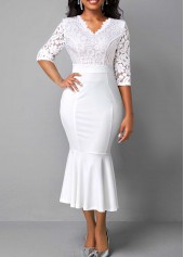 V Neck Lace White Mermaid Dress