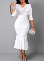 V Neck Lace White Mermaid Dress