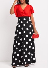 Polka Dot Patchwork Black V Neck Maxi Dress