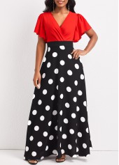Polka Dot Patchwork Black V Neck Maxi Dress