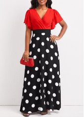 Polka Dot Patchwork Black V Neck Maxi Dress