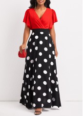 Polka Dot Patchwork Black V Neck Maxi Dress