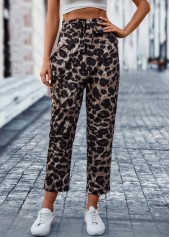 Leopard Pocket Dark Coffee Belted Elastic Waist Pants