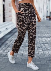 Leopard Pocket Dark Coffee Belted Elastic Waist Pants