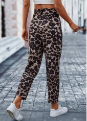 Leopard Pocket Dark Coffee Belted Elastic Waist Pants