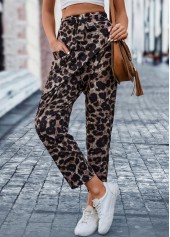 Leopard Pocket Dark Coffee Belted Elastic Waist Pants