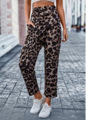 Leopard Pocket Dark Coffee Belted Elastic Waist Pants