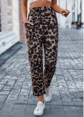 Leopard Pocket Dark Coffee Belted Elastic Waist Pants
