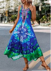 Tie Dye Print Asymmetry Blue H Shape Dress