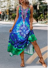 Tie Dye Print Asymmetry Blue H Shape Dress