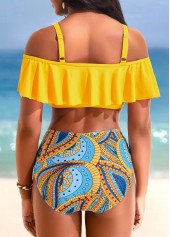 Mid Waisted Paisley Print Ruffle Yellow Bikini Set