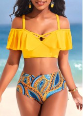 Mid Waisted Paisley Print Ruffle Yellow Bikini Set