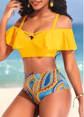 Mid Waisted Paisley Print Ruffle Yellow Bikini Set