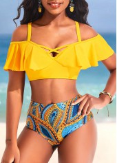 Mid Waisted Paisley Print Ruffle Yellow Bikini Set