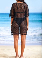 Tassel Round Neck Mesh Black Cover Up