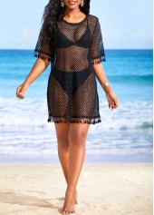 Tassel Round Neck Mesh Black Cover Up