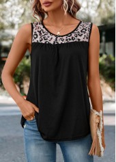 Leopard Patchwork Black Round Neck Tank Top