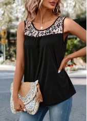 Leopard Patchwork Black Round Neck Tank Top
