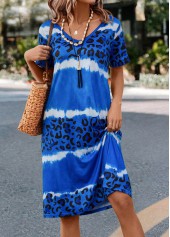 Blue H Shape V Neck Leopard Dress