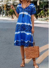 Blue H Shape V Neck Leopard Dress