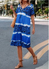 Blue H Shape V Neck Leopard Dress