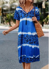 Blue H Shape V Neck Leopard Dress
