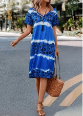 Blue H Shape V Neck Leopard Dress