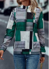 Geometric Print Zipper Turquoise Turn Down Collar Sweatshirt