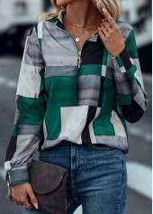 Geometric Print Zipper Turquoise Turn Down Collar Sweatshirt