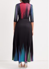 Round Neck Ombre Pleated Black Maxi Dress