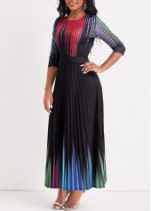 Round Neck Ombre Pleated Black Maxi Dress